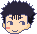 Pixelated character head with dark spiky hair, light skin, and red cheek marks in six distinct facial expressions.