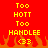 Red background with yellow pixelated text 'Too HOTT Too HANDLEE <33' and orange pixelated flames at the bottom.