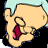 Animated cartoon head with light blue hair, tan skin, red mouth, and shifting eye expressions against black background.