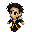 Pixelated character with black curly hair, brown skin, and yellow-trimmed black outfit in four distinct poses against gray background.