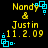 Yellow text on black background with cyan square decorations, displaying names and date in pixelated font.