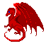 Red dragon with blue eyes and large wings in six pixelated frames showing breathing fire, smoke, and neutral poses against gray background.
