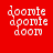 Red background with white pixelated text 'doomie' repeated three times in a vertical stack, each instance slightly offset horizontally across six