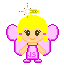 Pixel art fairy with yellow hair, pink wings, and a purple dress displaying 'JS' text; one version has a starburst halo while the other shows a simple golden ring.