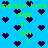 Pixelated blue background with repeating dark blue heart shapes and green text elements including 'peace love', 'sam', 'jon', and ':)' scattered across the image.