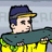 Pixelated character wearing dark blue cap with yellow brim, teal shirt, and bright yellow pants against light gray background.