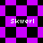 Pixelated purple and black checkered pattern with four instances of the text 'Skwerl' in white pixel font.