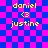 Pixelated text displays 'daniel', '<3', and 'justine' on a blue-pink checkered background with animated ripple effects.