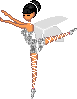 Pixelated figure with black hair in bun, orange skin, white wings, and silver-and-orange outfit performing ballet pose against gray background.