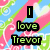 Pixelated icon with pink, blue, and green diagonal stripes over a pattern of white hearts and swirls; text reads "I love Trevor" in black-outlined green letters.