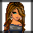 Pixel art contact sheet of a female character with long brown hair, showing multiple frames including full-body, torso, legs, and text overlays.