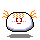 Four pixel-art frames of a round white character with orange hair, red eyes, and pink cheeks in various expressions on gray background.