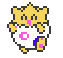 Four pixel-art frames of a yellow star-shaped character with pink nose and eyes, holding a white egg-like object with pink circular symbol.