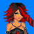 Pixel art contact sheet showing a punk-themed character with red and black hair, fishnet sleeves, and a cross emblem on her outfit across four frames against a solid blue background.