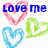 Pixelated heart-shaped icons with blue text overlays on a white background, showing sequential text changes across frames.