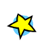 Yellow star with black outline on light blue circular background, shown in three distinct sizes and orientations across two