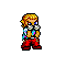 Pixel art character with blonde hair, blue eyes, red pants, and a multicolored shirt holding a small object in various poses.