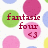 Pixelated image with green and pink circles on white background, featuring red text reading 'fantasie four' and '<3' symbol.