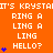 Orange background with repeated white text "IT'S KRYSTADT'S KRYSTADT'S KRYSTAD" and "RING A LING A LING HELLO?" with blue star icons in three vertical