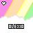 Pixel art icon with pink, orange, yellow, and green diagonal stripes; white cloud-like base; heart symbol above text "ALEXIA" in multiple color variations.