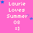 Pixelated pink background with white text 'Laurie Loves Summer 08 =]' and scattered blue/purple stars in a