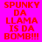 Red pixelated text reads "SPUNKY DA LLAMA IS DA BOMB!!!" across four colored quadrants with visible animation changes between frames.