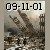 Pixelated image of damaged buildings with text overlays reading '09-11-01', 'Aftermath', and 'R.I.P.' above a message about rebuilding.
