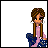 Pixel art character with brown braided hair and white earrings, wearing pink top and blue patterned jacket, text changes across frames.