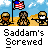 Animated pixel art contact sheet showing five frames of a military-themed cartoon icon with soldiers, American flags, and repeated text "Saddam's Screwed".