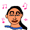 Pixelated cartoon head with black braided hair, blue top, and musical notes on colored backgrounds showing eye and mouth expression changes.