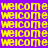 yellow 'WELCOME' text on purple background with green horizontal stripes, showing pixelated animation changes across frames