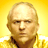 Pixelated static image of a bald man with light skin and brown eyes against a yellow gradient background, wearing a dark collar on a yellow garment.