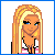 Pixel art contact sheet showing a blonde cartoon character in various poses with pink and white swimwear, repeated text "blondie", and blue/pink heart symbols on a transparent background.