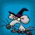 Animated pixel art of a mouse wearing a witch hat, holding a broomstick, with a blue background.
