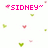 Pixelated image with pink text 'SIDNEY' flanked by small hearts, surrounded by scattered green and pink heart shapes on white background.