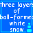 Blue background with white pixelated text reading 'three layers of ball-formed white snow' and a small cyan snowman icon in the bottom-right corner.
