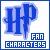 Blue 'HP' letters with a wand design, below which are 'FAN' and 'CHARACTERS' text blocks in blue and white pixelated style.