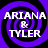Four identical display 'ARIANA & TYLER' text over purple and black spiral backgrounds with pixelated text