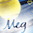 Yellow tennis ball with blue text 'Meg' on a light blue background, featuring small black dots and yellow heart shapes in the corners.