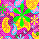 Pixelated static image with vibrant multicolor background and central green four-leaf clover shape surrounded by yellow-orange circular elements.