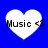 Four white heart-shaped icons with black text "Music <3" on a solid blue background, arranged in a