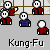 Animated pixel art sequence showing Kung-Fu characters in various poses with white cloud effects and pause button icons on a background