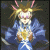 Pixelated character with spiky blonde hair and pink side tufts, wearing blue robes and holding a glowing yellow object against dark background.