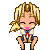 Pixel art character with blonde hair in a ponytail, wearing a white shirt with red tie and dark blue shorts, seated with legs apart, pink lips, closed eyes, and a smiling expression.
