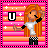 Pixel art of a character with long orange hair in a white shirt and black pants, standing against pink-orange striped background with stars.