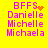 Yellow background with pink text listing names and 'BFFS' with a heart symbol, showing animation changes in the heart and 'BFFS' text.