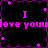 Pixelated text and stars on a black background with purple border, repeating 'I love you' in pink letters across four quadrants.