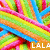 Pixelated abstract composition of swirling rainbow colors with a white text block reading 'LALA' in the bottom-right corner.