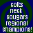 Four identical display white pixelated text on a blue and green spiral background with 'colts neck cougars regional champions!' in all caps