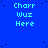 Blue background with repeated light blue text 'Charr Wuz Here' in a pattern, scattered black dots, and a gray rectangle at bottom right